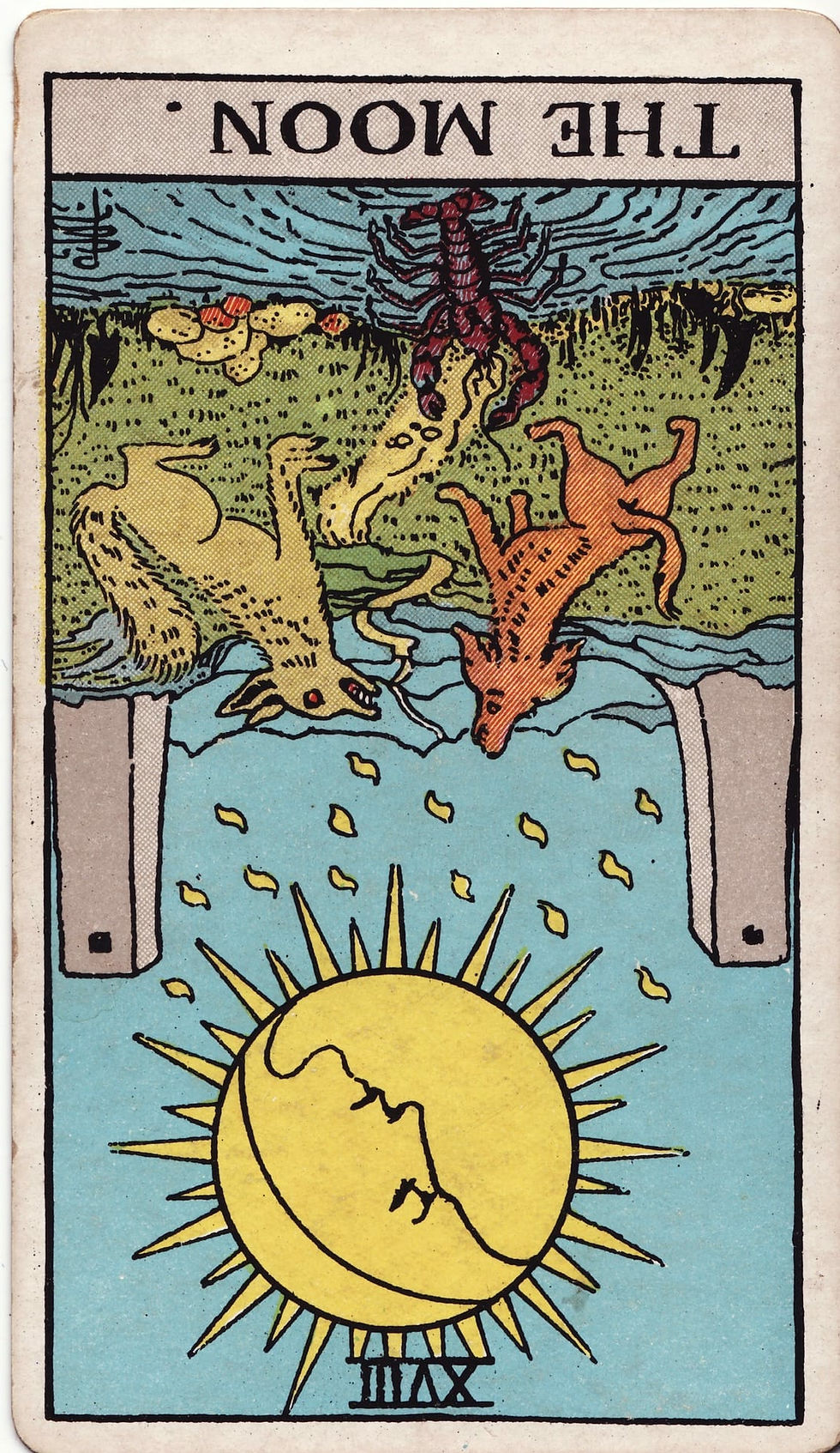 The Moon tarot card from the Rider-Waite deck representing uncertainty, intuition and the unknown.