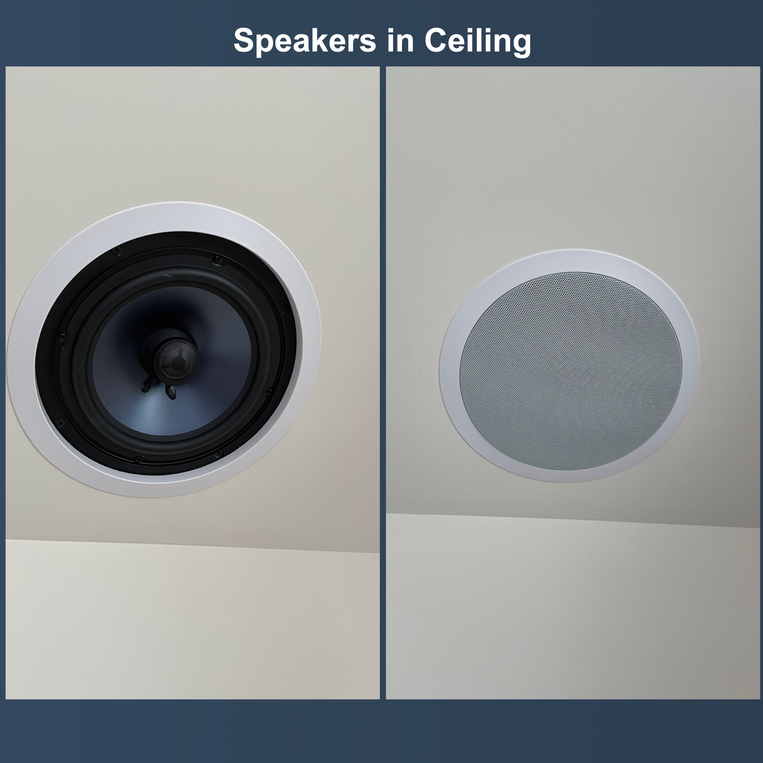 In-ceiling surround sound speakers installed flush in a home theater ceiling