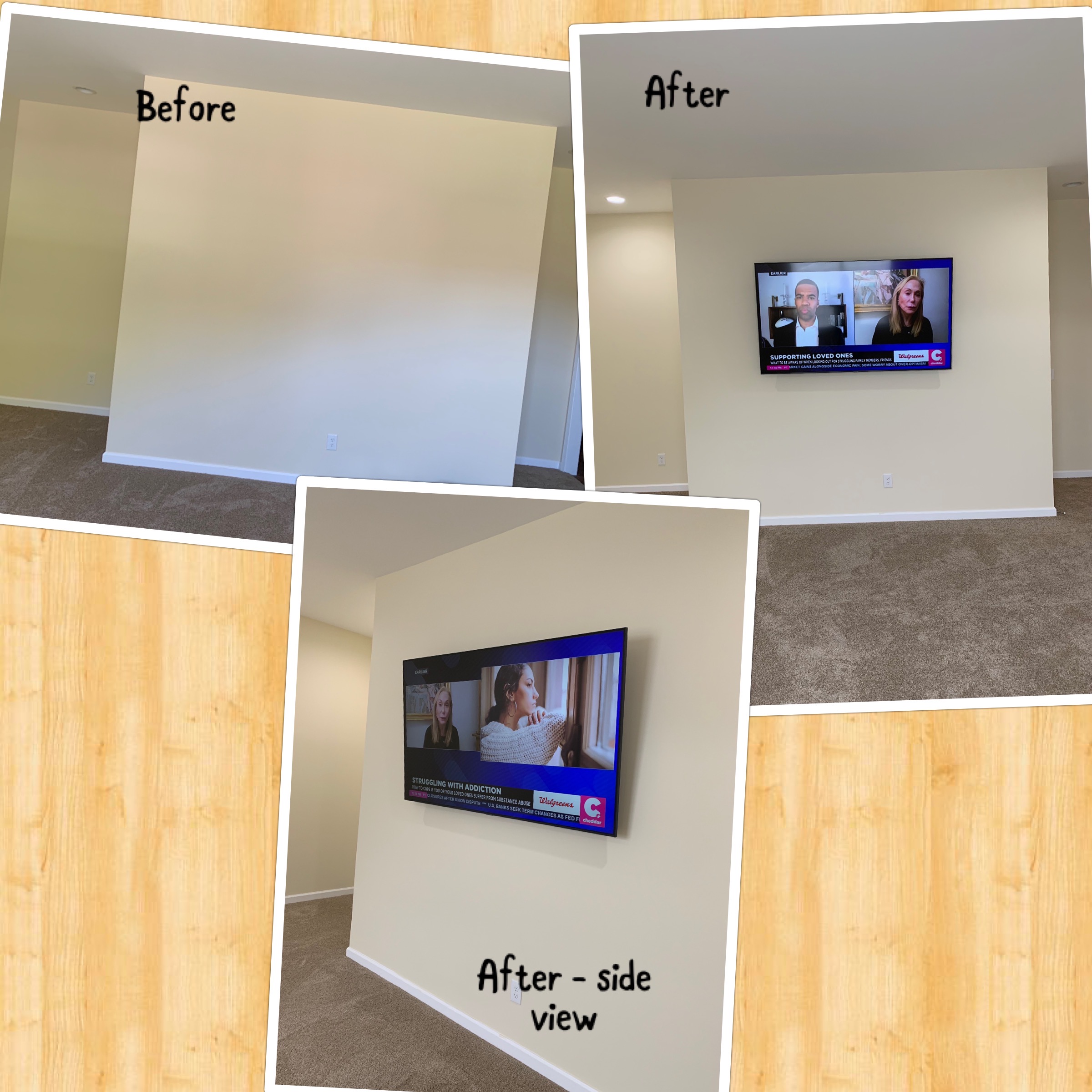 Real before-and-after photo collage of a custom TV mount installed by Anything Electronics