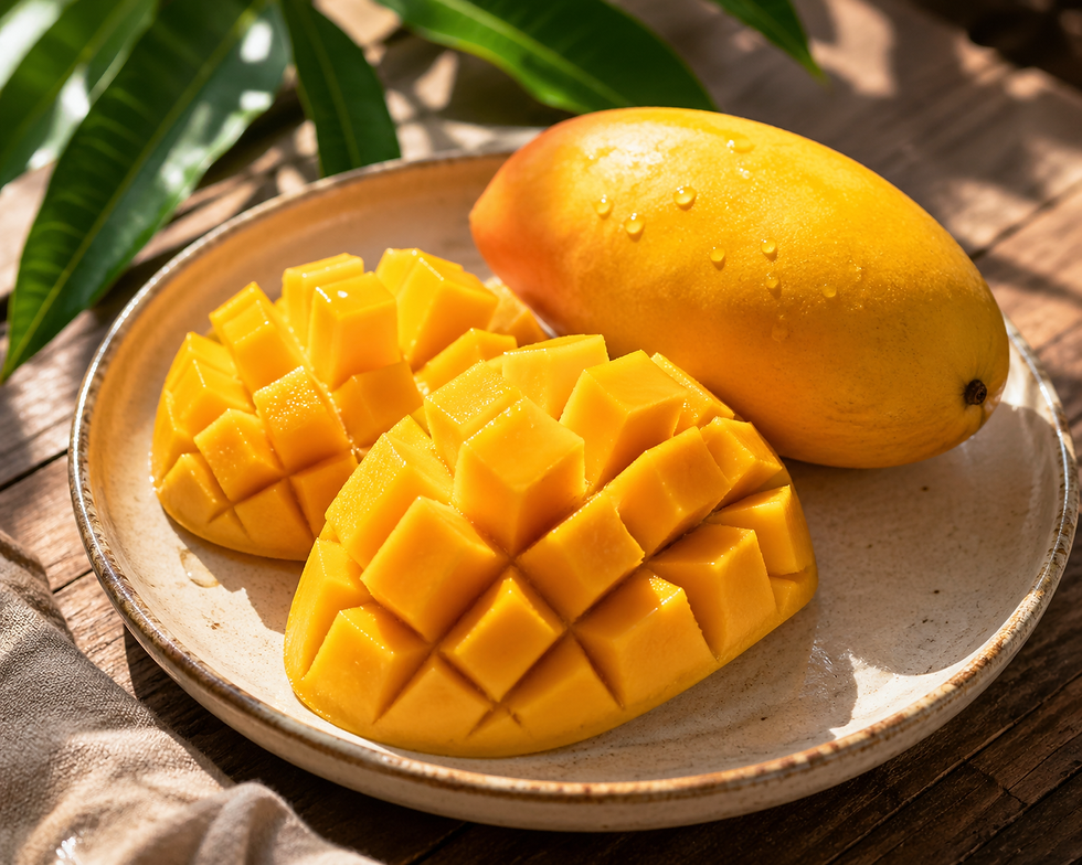盤中有一整顆黃色芒果和切成方塊的芒果塊,背景是木質桌面和綠色葉子。陽光照射出溫暖的氛圍。