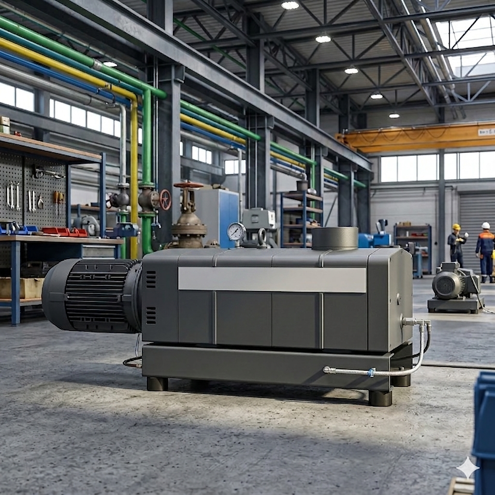 工廠車間內,大型真空泵浦位於前景,背景有幾位穿著安全帽的工人,牆上有彩色管道,氣氛忙碌。