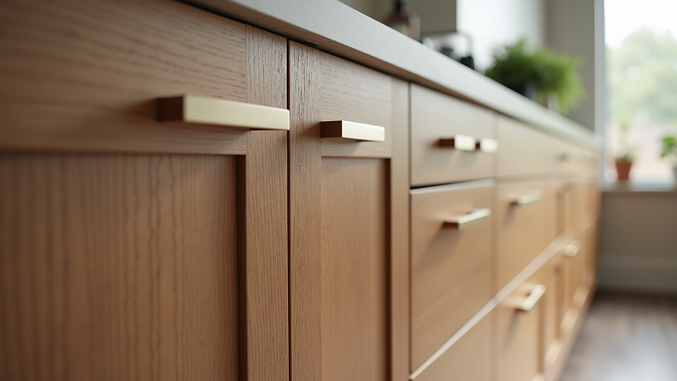 Eye-level view of custom wooden kitchen cabinets with sleek handles