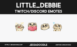 A graphic displaying commissioned emotes for little_debbie