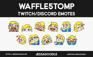 A graphic displaying commissioned emotes for waffle5tomp