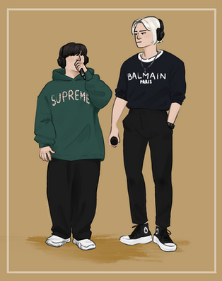 A digital drawing of a Stray Kids meme of Changbin and Hyunjin