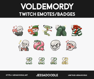 A graphic displaying 9 commissioned emotes and 4 commissioned badges for Voldemordy