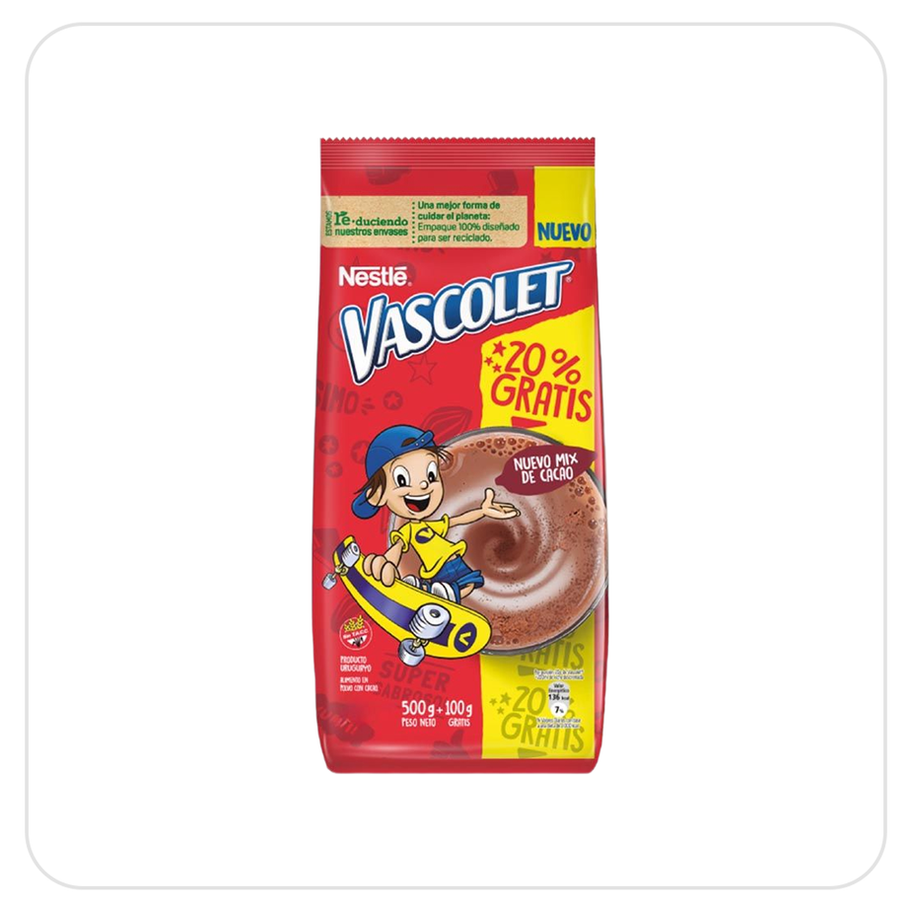 Envase de Vascolet Nestlé con 20% gratis y diseño de niño en skate.