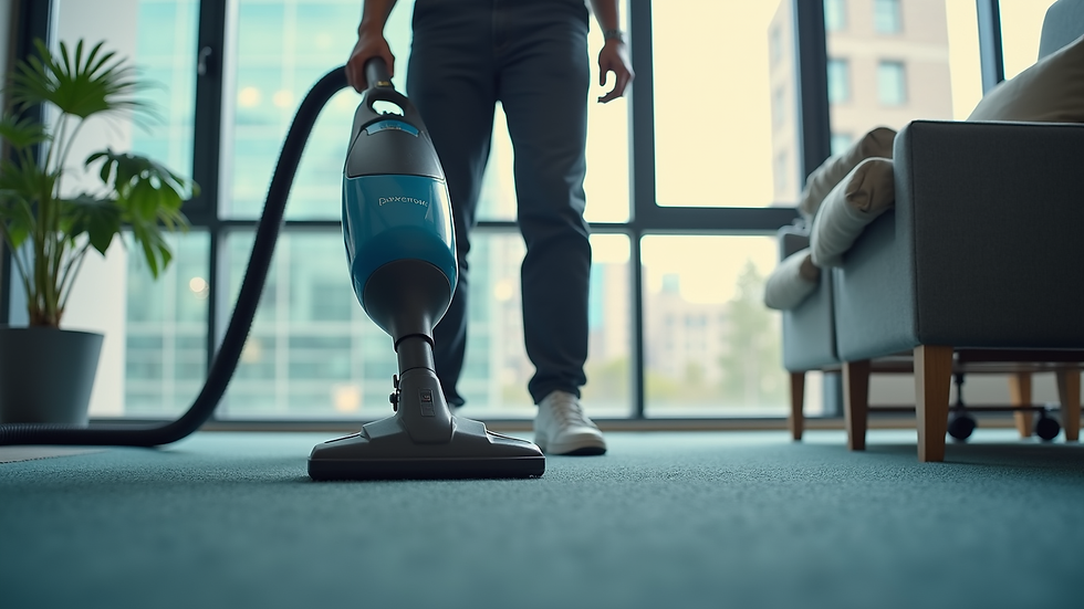 High angle view of a professional cleaner vacuuming an office carpet