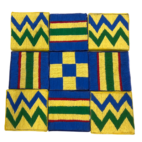 Influenced by my Ghanaian culture and the Kente cloth, Prosperity lies in these Patterns is a reimagined handmade homage piece that was created to display the beauty of the patterns, colours and the messages of the riches that lie within the culture.
Through this textured and experiential learning interactive art piece, you get to explore and get a feel for the hard work and knowledge that goes into the process of the beautiful art of kente. All the patterns and colors chosen within this work represent and have a symbolic connection to the different ways of wealth and prosperity. This serves as an opportunity for you to also create your own patterns and designs.