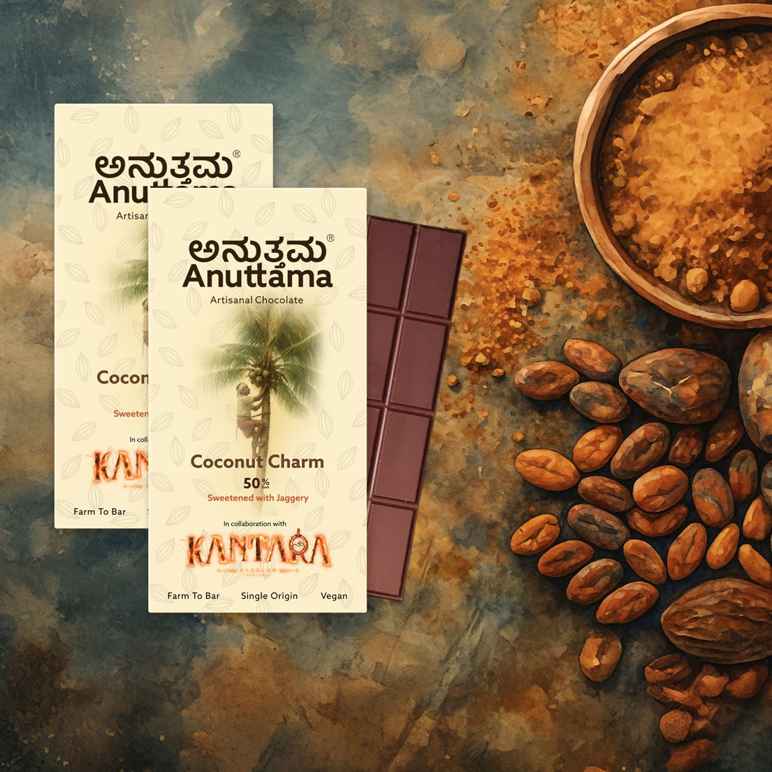 Coconut Charm - 50% Dark | Infused with Cocnut milk & Jaggery | 50gx2