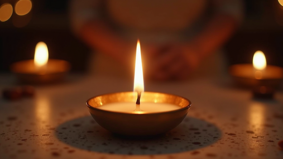 Close-up view of a candle burning on an altar during a spiritual ceremony