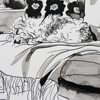 Ink portrait of small hairy terrier sleeping by Marimekko flower print cushion