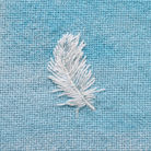 Closeup of a hand embroidered white curly feather on pale blue cotton