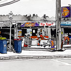 Predominantly black and white ink drawing of a group of shops. Details are picked out in colour, such as Coke, Tip Top and Lotto signs, and rubbish and recycling bins.