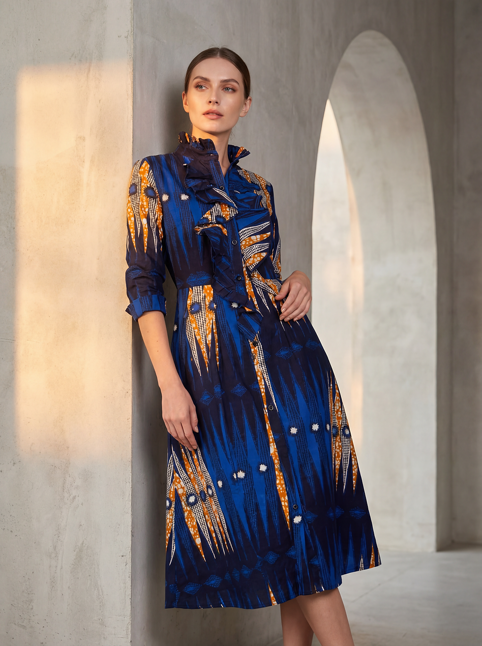 Thumbnail: Blue Striped Ruffle Trim Shirt Designs Dress