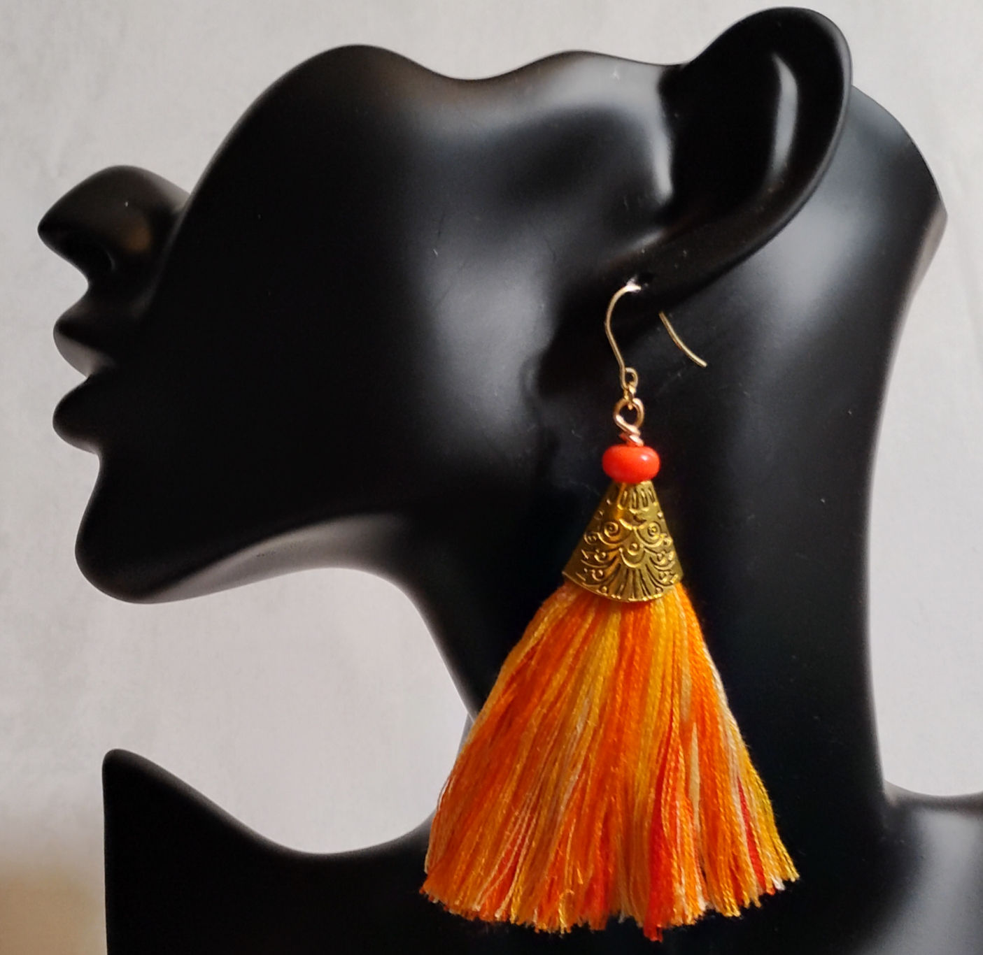 Orange Fringe- Gold Tassel Earrings