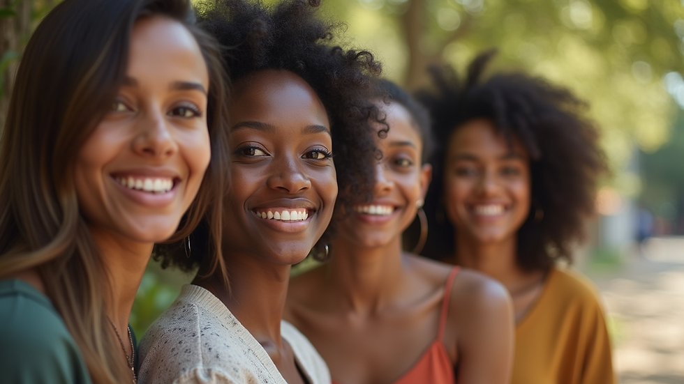 Eye-level view of diverse women smiling in a natural setting