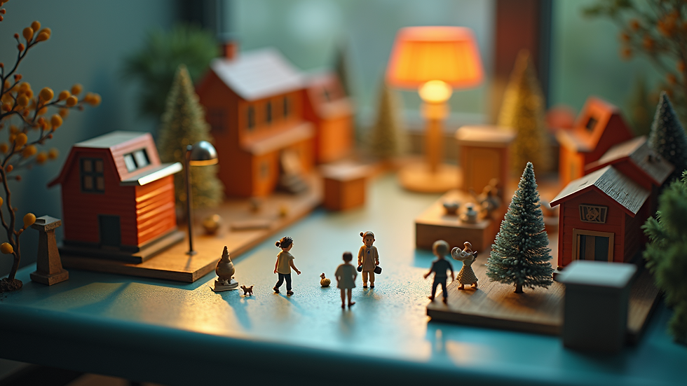 High angle view of a stop motion animation set with miniature props