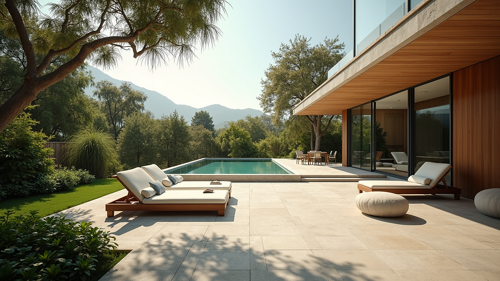 Wide angle view of a serene outdoor setting with elements of luxury
