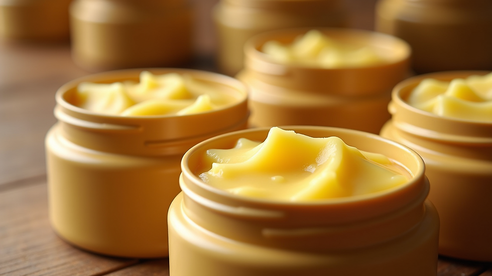 High angle view of shea butter containers