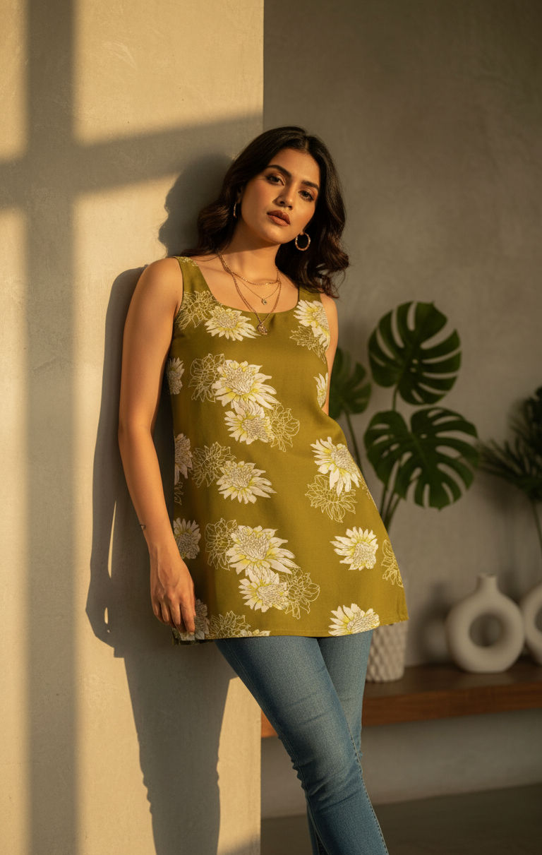 Lime Printed Sleeveless Kurti