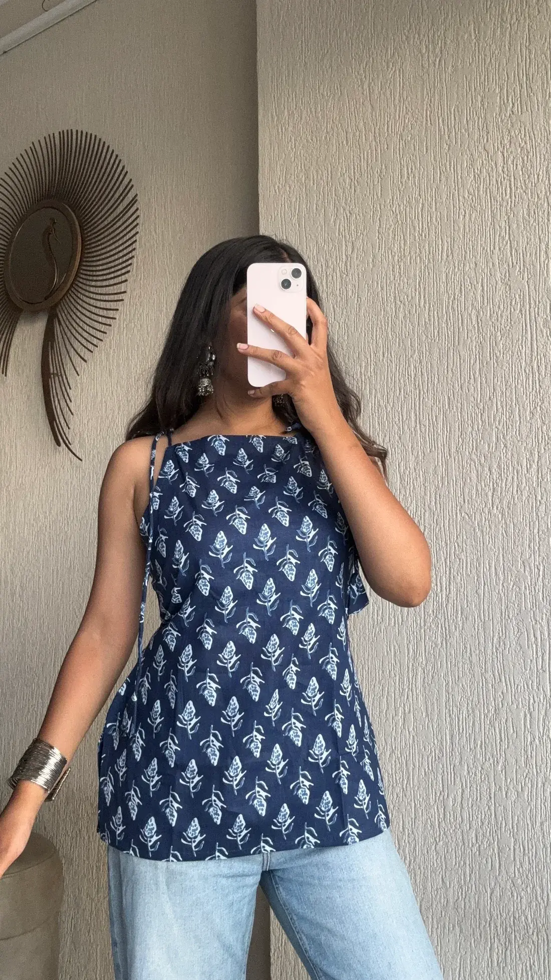 Blue motif spaghetti strap short kurti