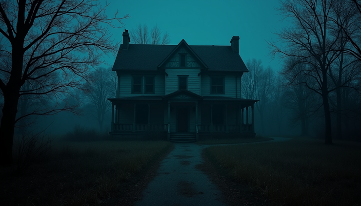 Eye-level view of a dimly lit abandoned house used for paranormal investigations