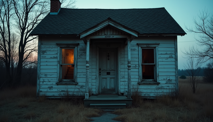Eye-level view of a dimly lit abandoned house with old wooden doors