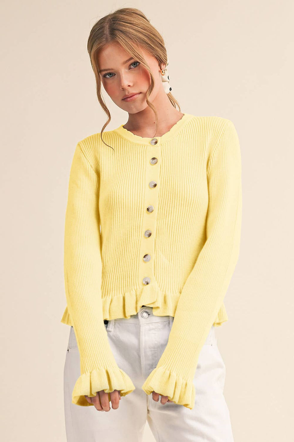 Thumbnail: RUFFLE HEM RIBBED KNIT SWEATER CARDIGAN - EGG SHELL