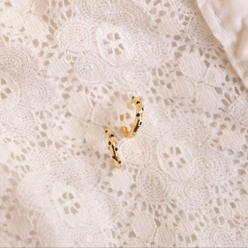 Thumbnail: Lottie Black Onyx & Gold Polka Dot Hoops