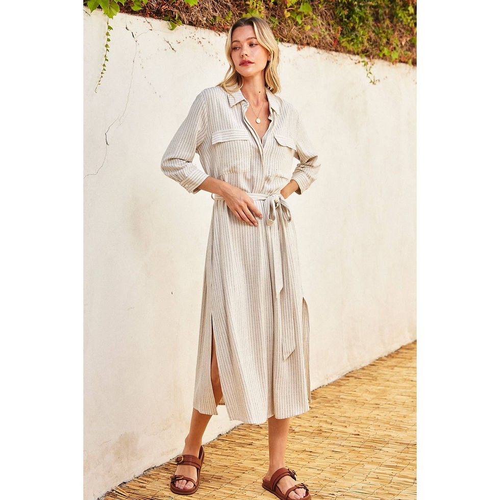Thumbnail: Pinstriped Belted Maxi Shirt Dress: Oatmeal/Black