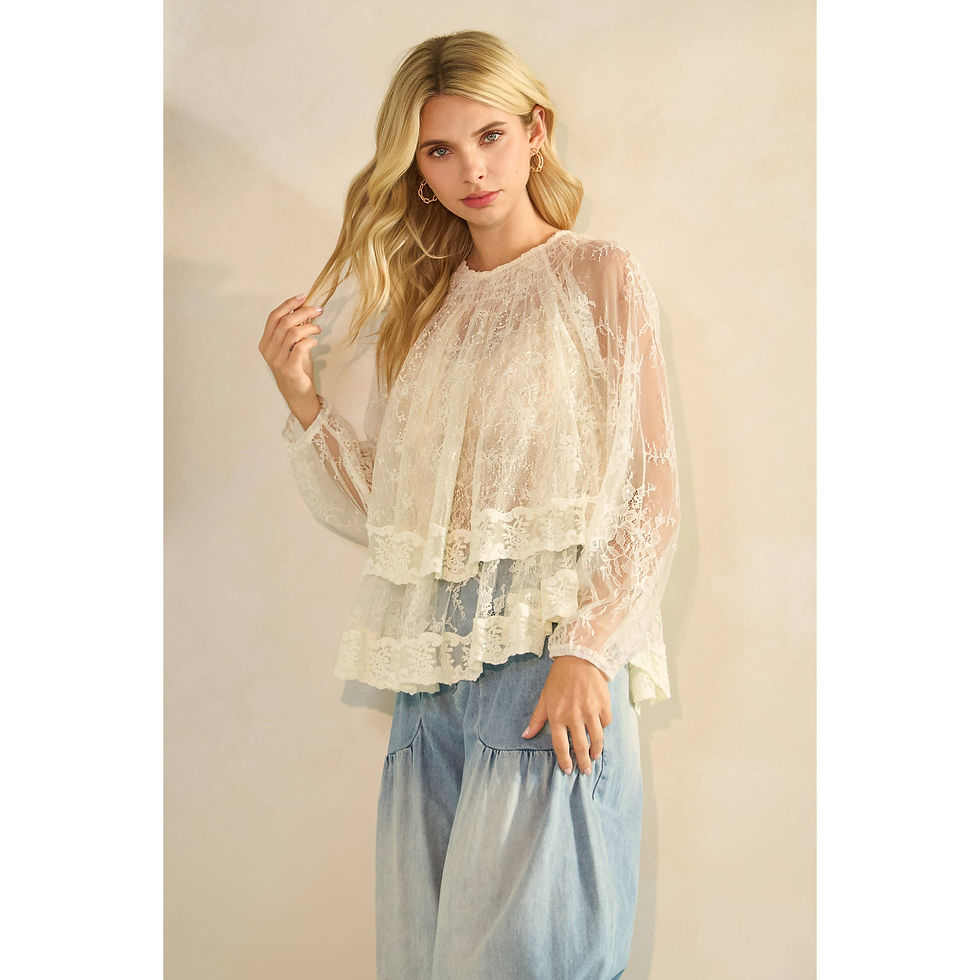 Thumbnail: Ruffled Lace Long Sleeve Top: Black