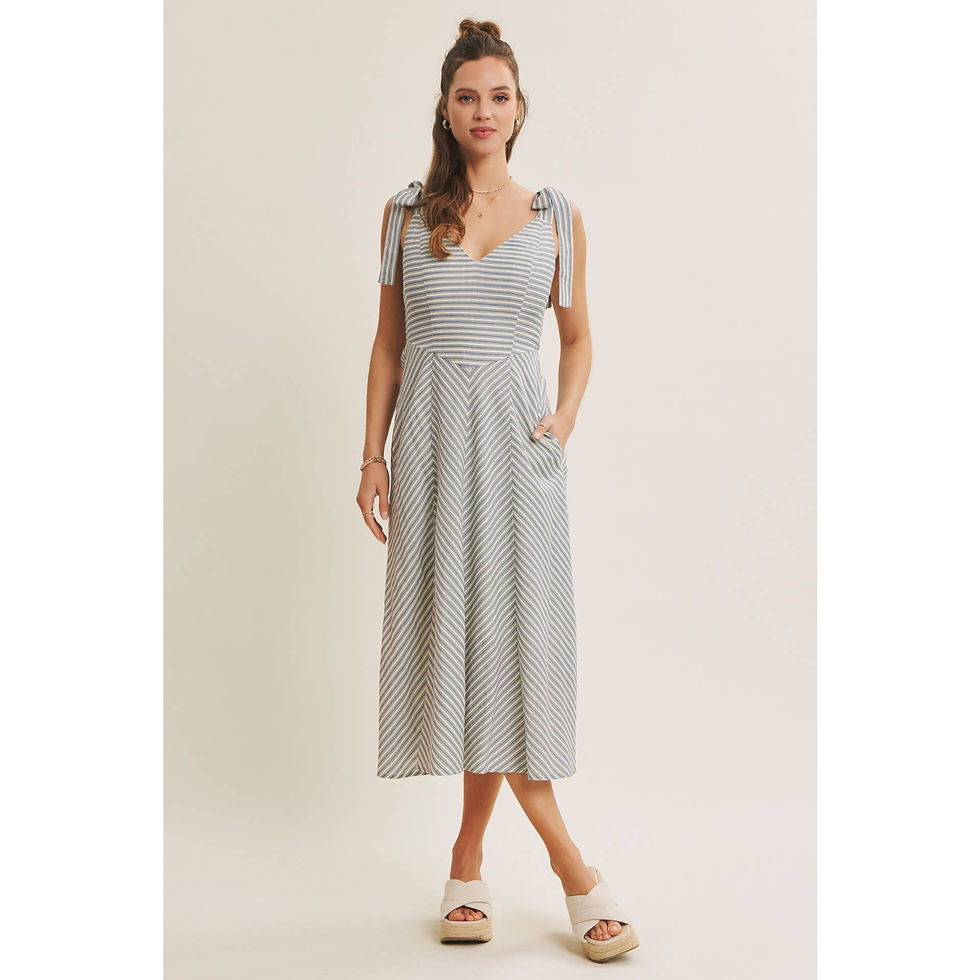 Thumbnail: DAYTIME OUTINGS SHOULDER TIE STRIPE SMOCKED MIDI DRESS: CAFE LATTE