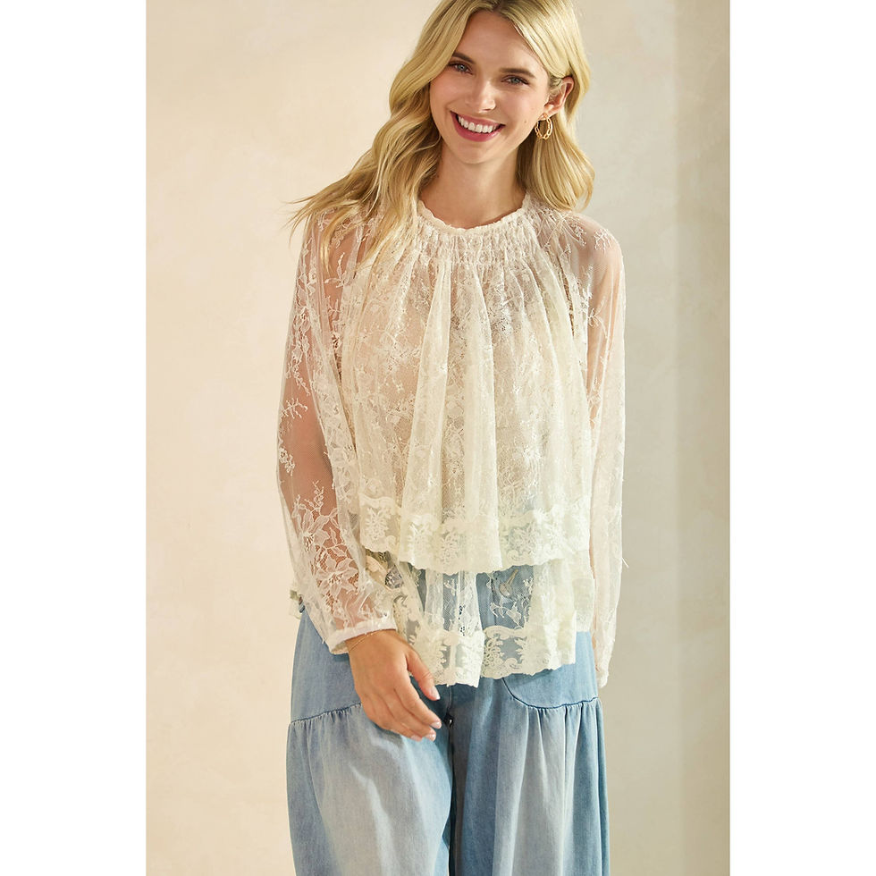 Thumbnail: Ruffled Lace Long Sleeve Top: Black