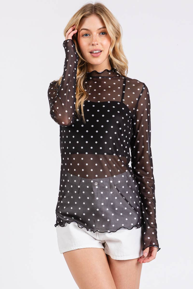 Thumbnail: Polka Dot mesh Long Sleeve Top: BLACK