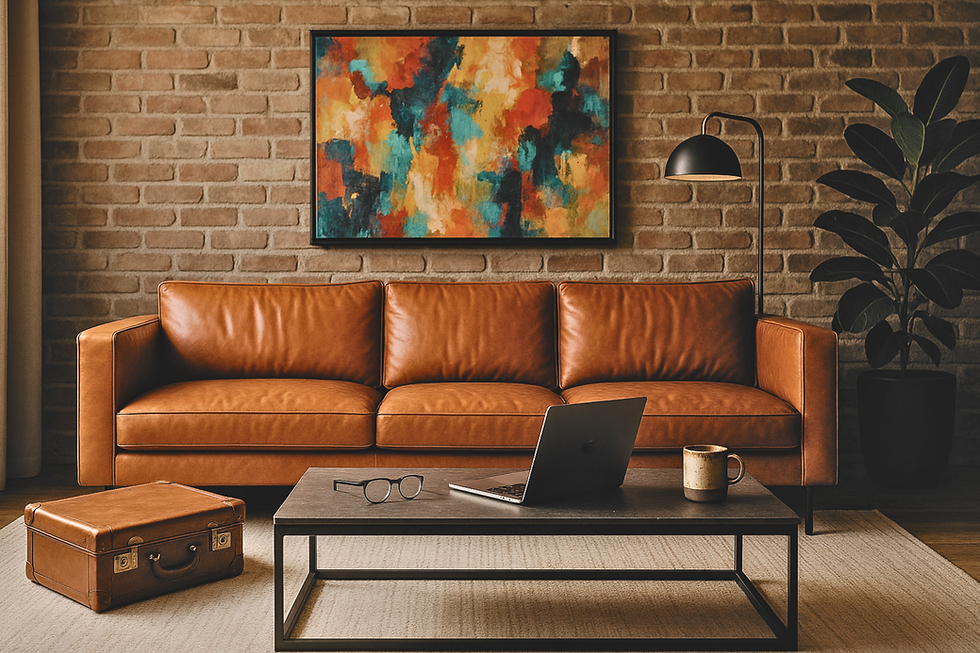 Brown leather sofa against brick wall, abstract artwork, coffee table with laptop and mug in stylish Nashville vacation rental