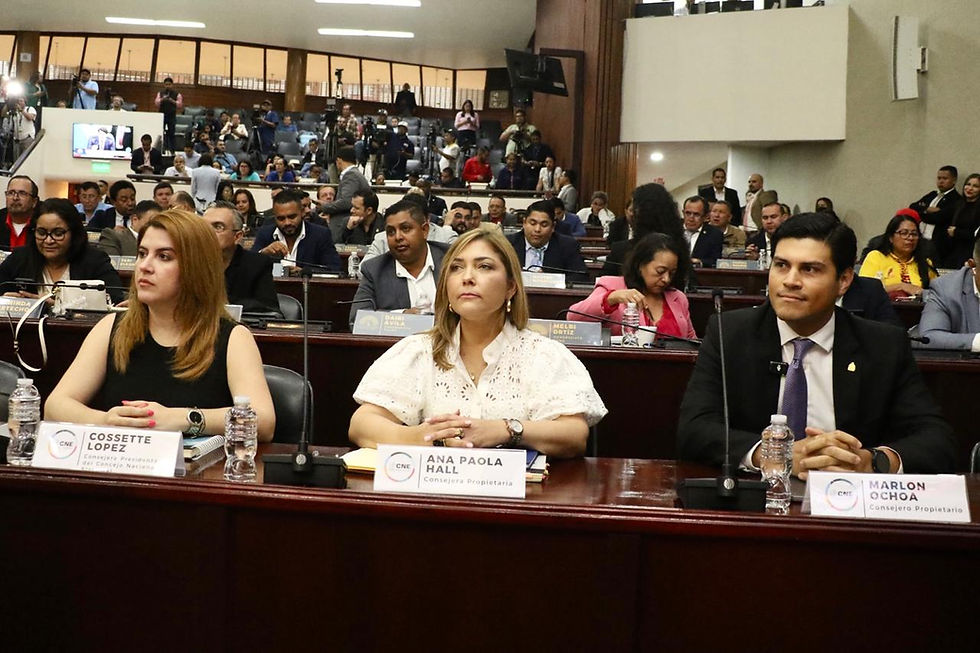 De izquierda a derecha, Cossette López, Ana Paola Hall y Marlon Ochoa, consejeros del órgano electoral de Honduras, el martes 08 de julio de 2025, en el Congreso Legislativo | Fotografía cortesía