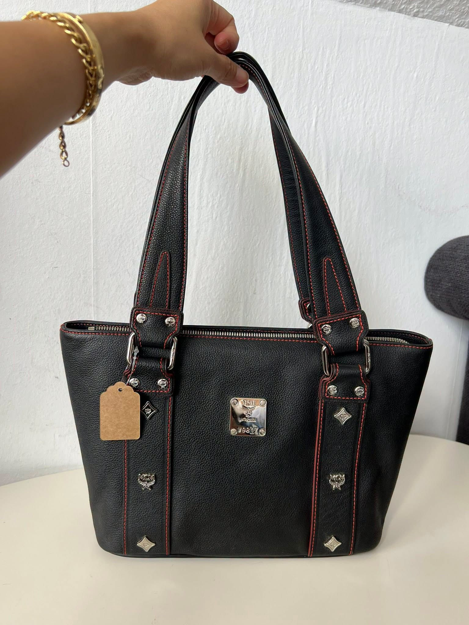 MCM Black Leather Tote Bag with Red Stitching