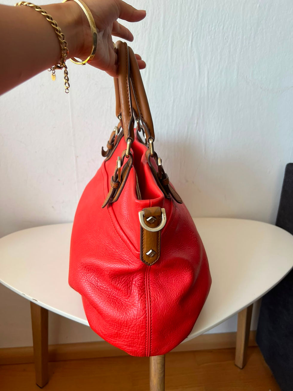 Thumbnail: MCM Red Leather Tote Bag with Brown Handles & Shoulder Strap