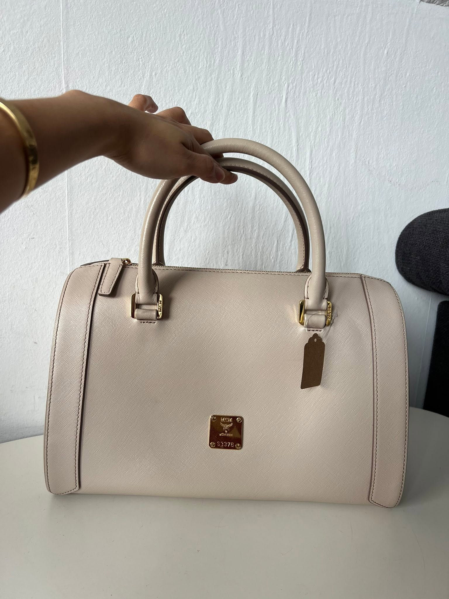 MCM Cream Structured Boston Satchel Bag with Gold-Tone Hardware
