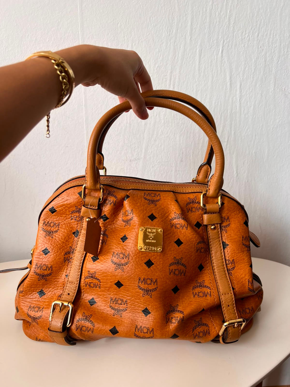 MCM Visetos Cognac Boston Bag
