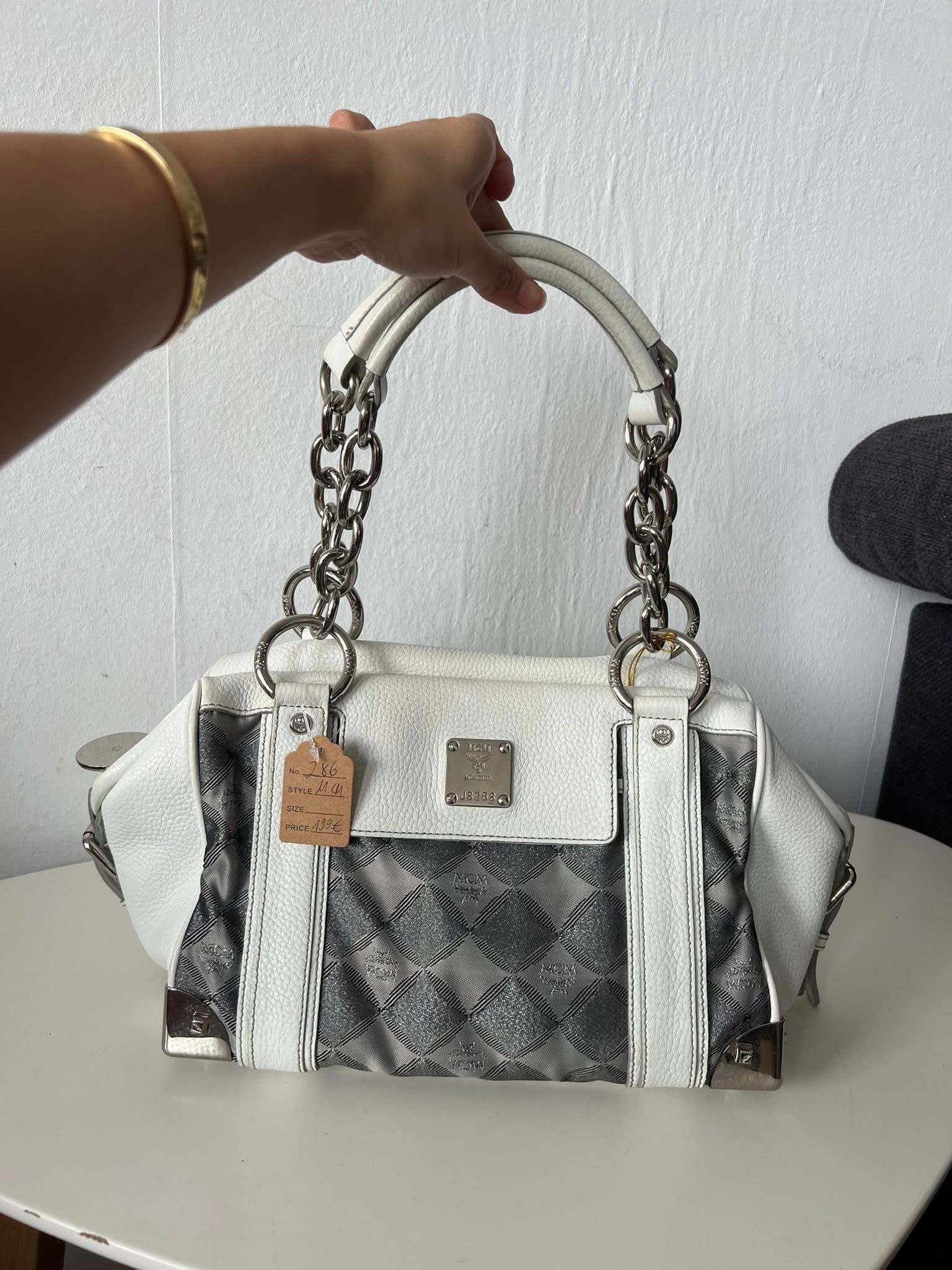 MCM White & Metallic Silver Monogram Boston Satchel Bag