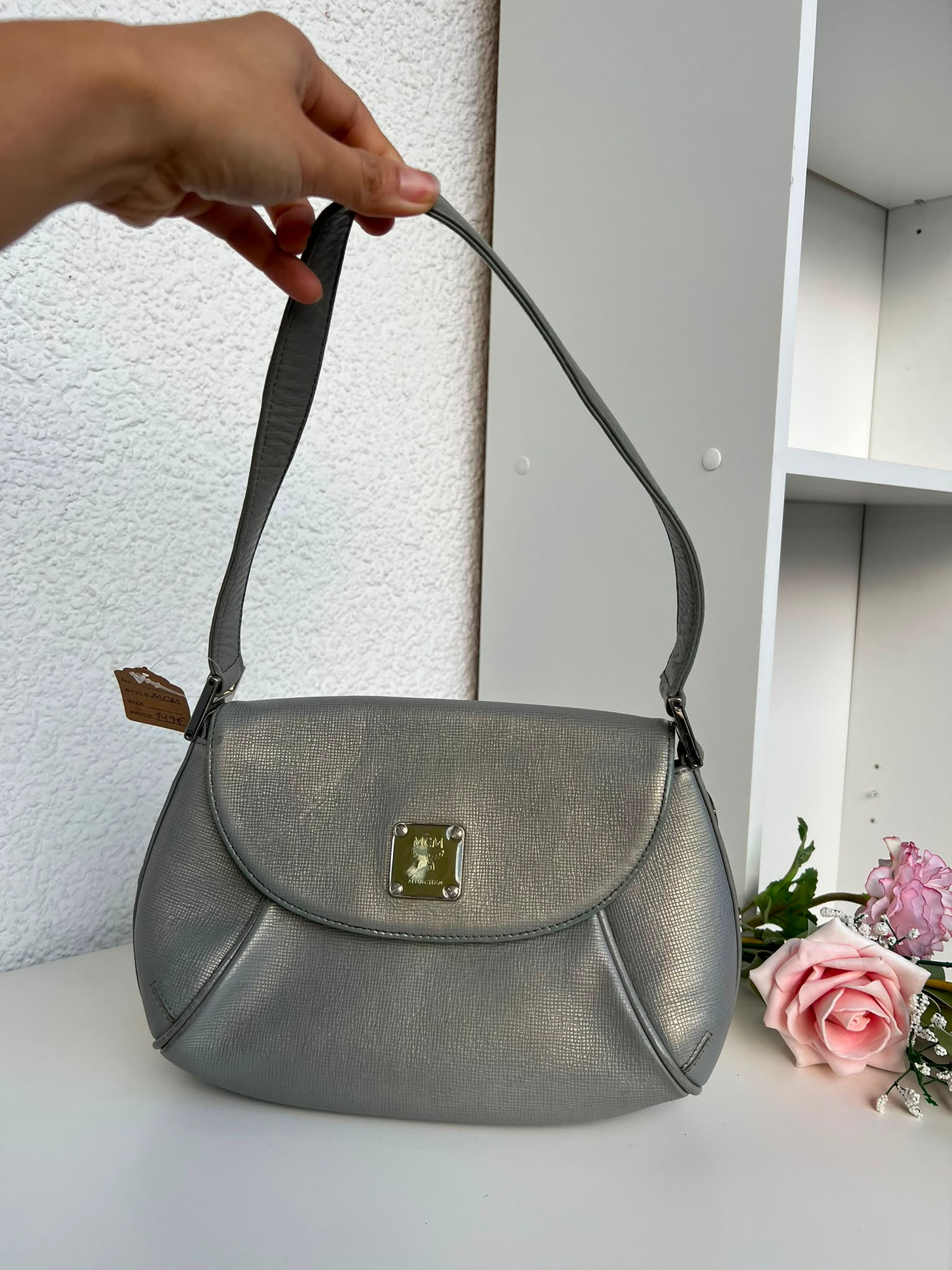 MCM Grey Textured Flap Shoulder Bag with Gold-Tone Logo