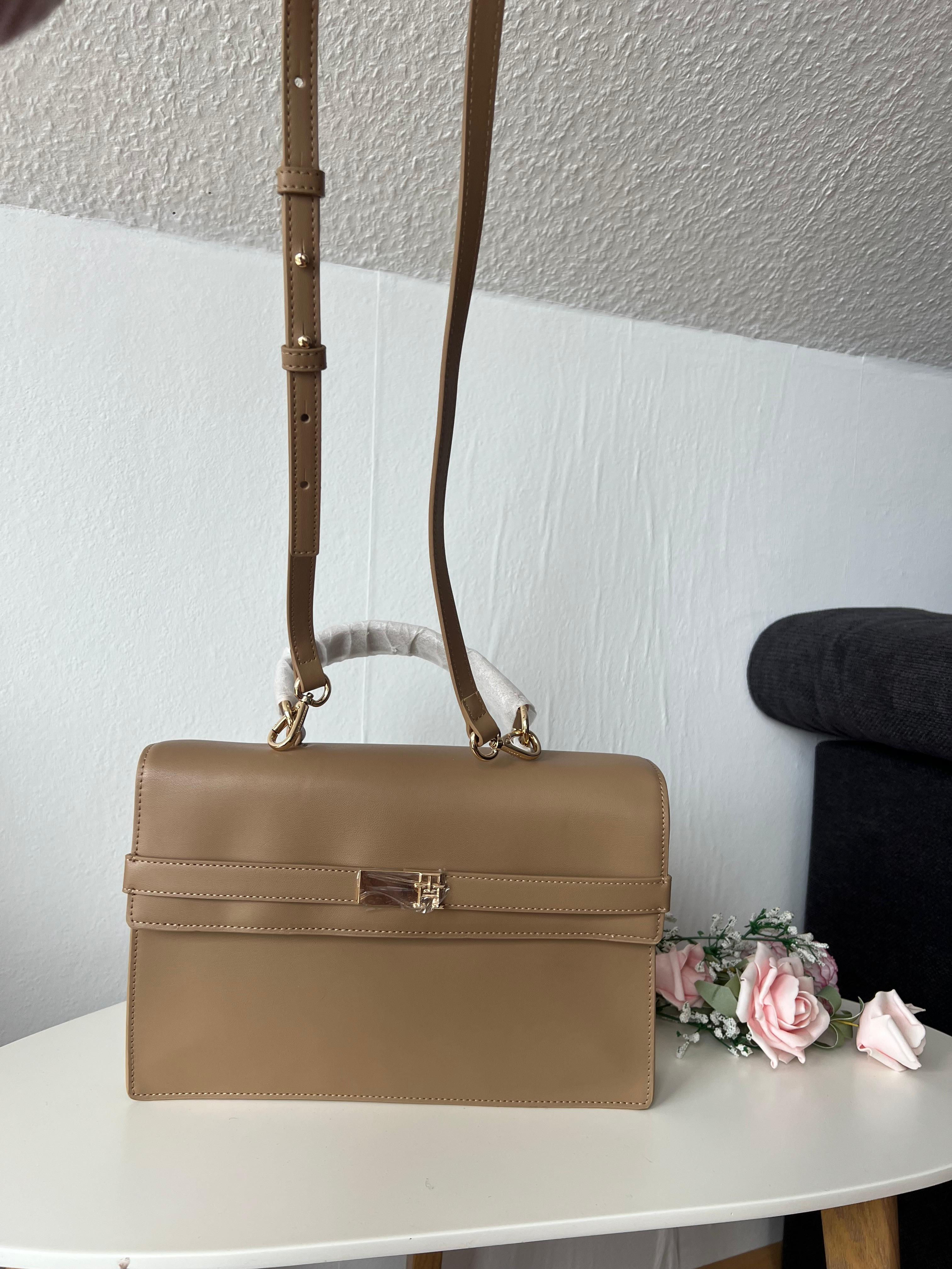 Tommy Hilfiger Beige Structured Satchel Bag with Shoulder Strap