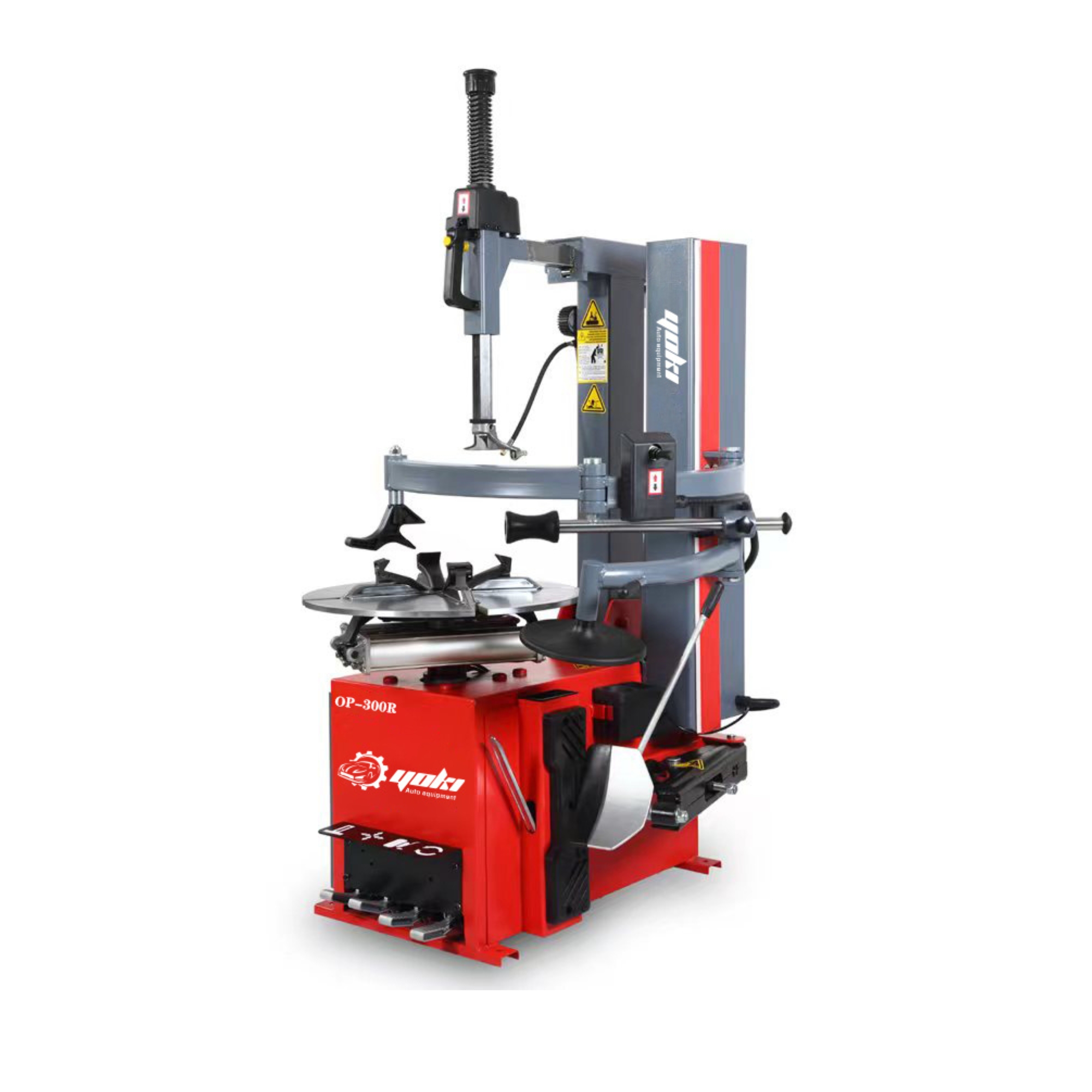 Tilt-back tyre changer with pneumatic assist arm for professional passenger tyre service.