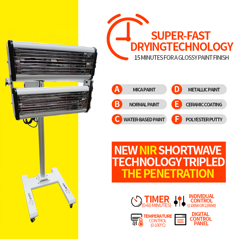 2000W infrared paint curing lamp with enhanced cassette positioning and workshop curing control.