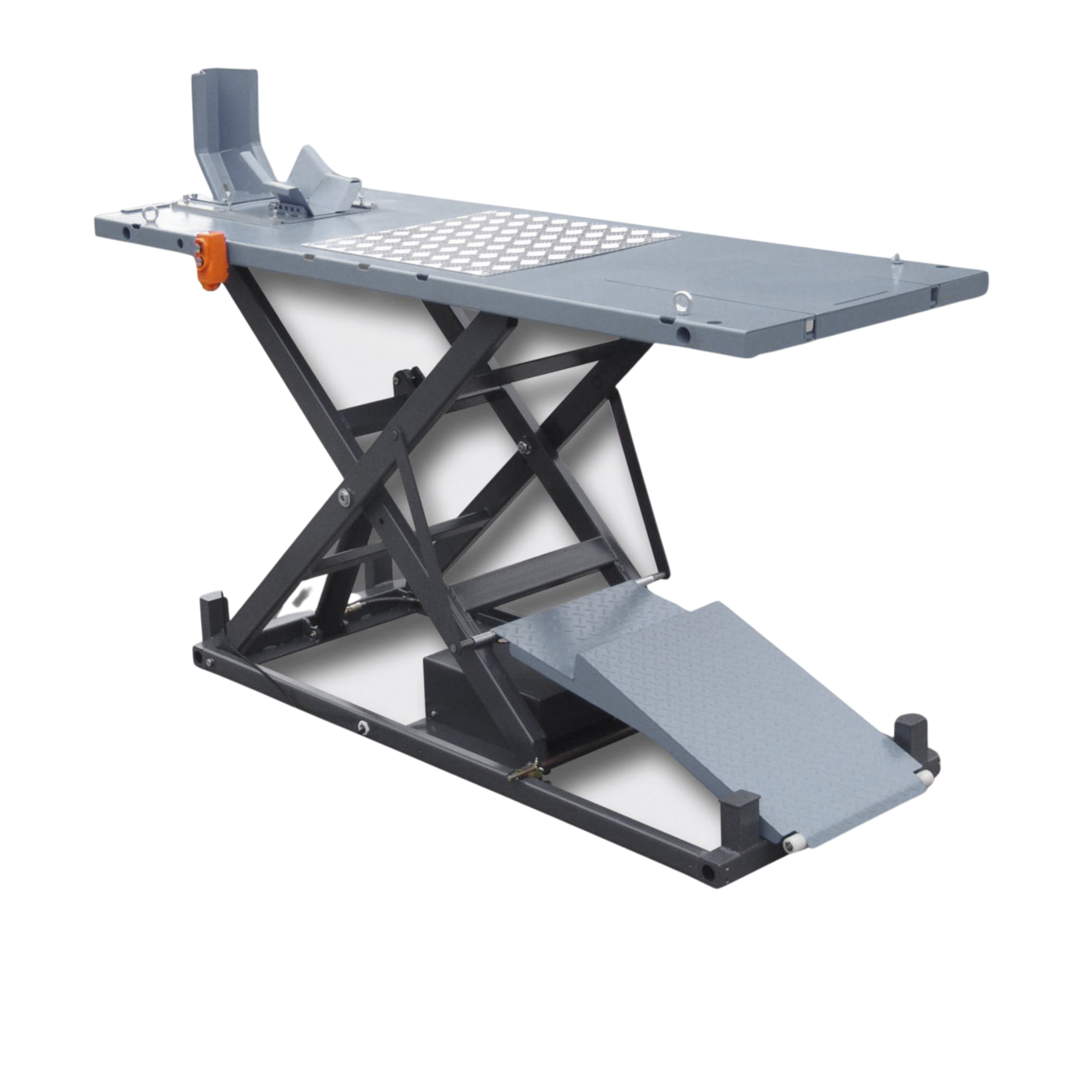 1000 kg electro-hydraulic motorcycle and ATV workbench for service, repair and workshop maintenance tasks.