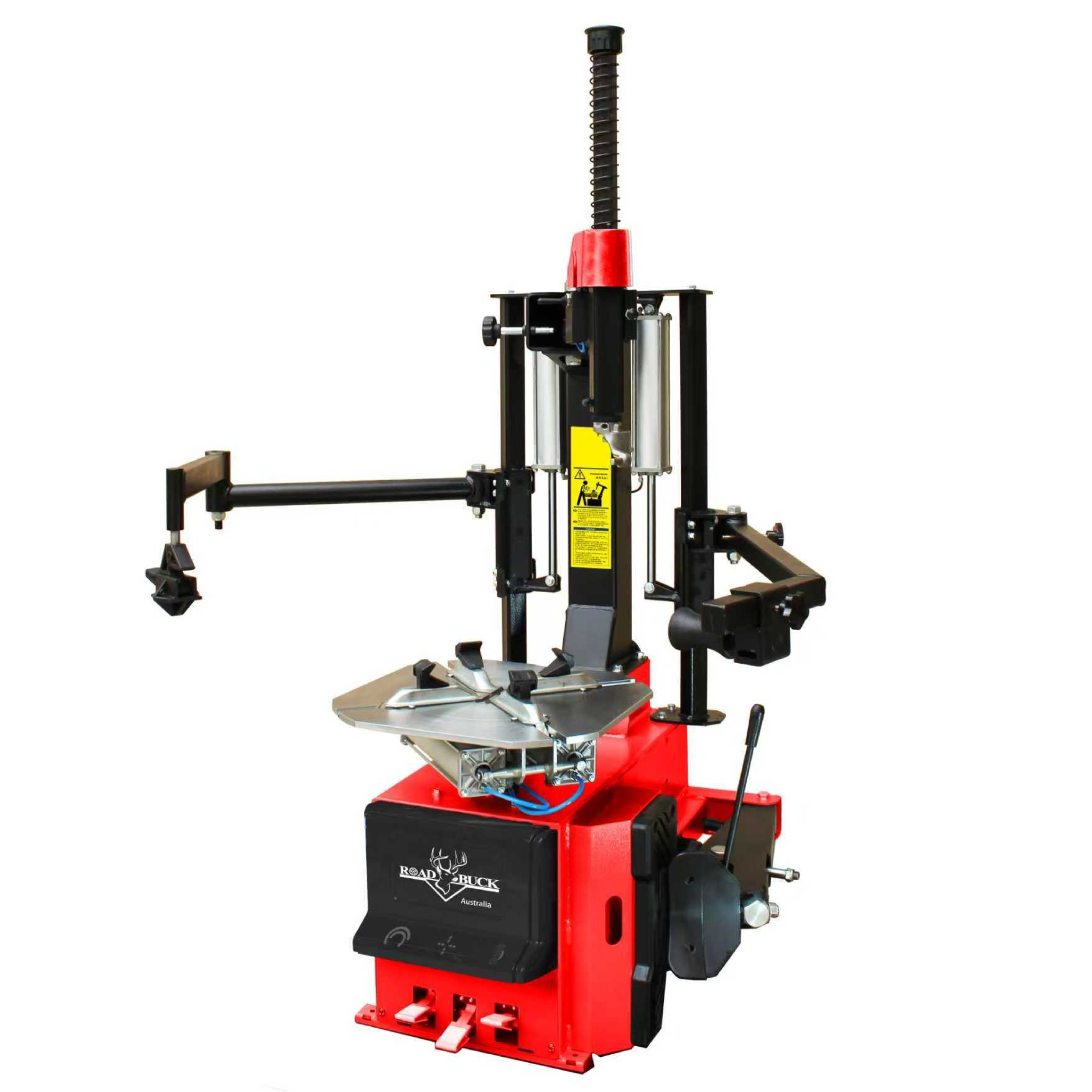 Swing arm tyre changer with controlled assist arm for improved support during tyre fitting work.