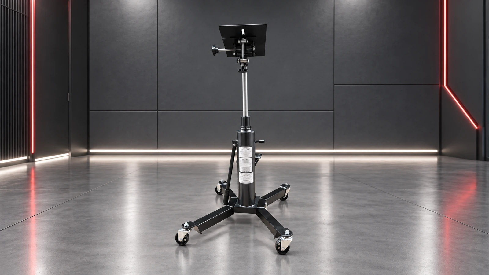 YS TJ105 black and silver transmission jack with adjustable saddle and castor base