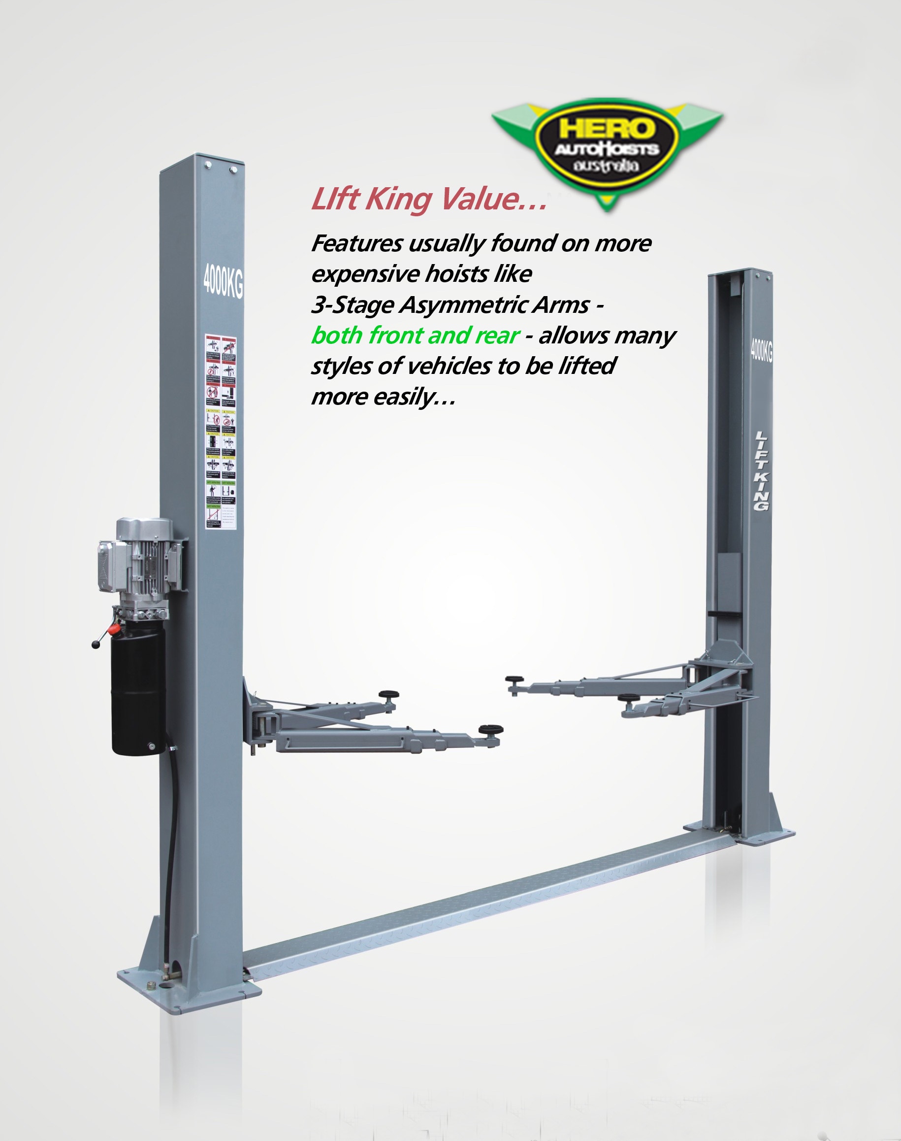 4T baseplate two-post hoist for personal, enthusiast and light workshop use, featuring dual hydraulic cylinders, low pad height and Euro-style arm design.